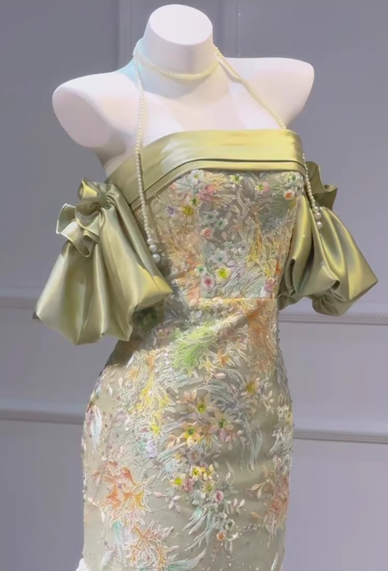 Robe de soirée vintage vert pastel à épaules dénudées, broderie florale, robe de bal DP7584