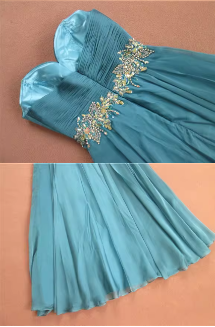 Elegantes türkisfarbenes, trägerloses Abendkleid mit herzförmigem, perlenbesetztem Oberteil und Chiffon-Midi-Länge (DP7610)