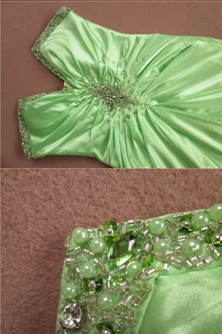 Elegant Light Green Strapless Evening Gown Beaded Bodice Satin Prom Dress DP7614