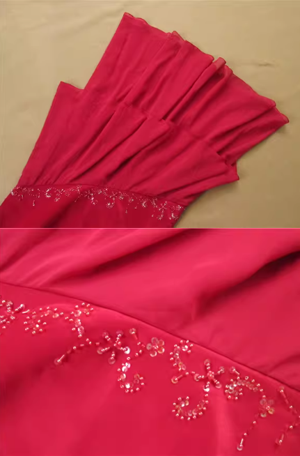 Glamorous Red Strapless Sheath Evening Gown Sequin Ruffled Chiffon Prom Dress DP7615