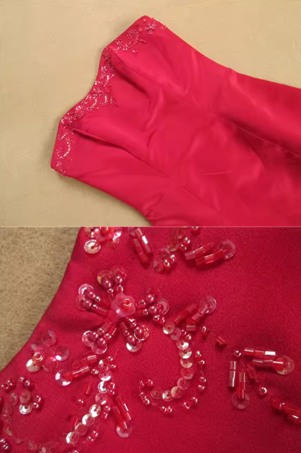 Glamorous Red Strapless Sheath Evening Gown Sequin Ruffled Chiffon Prom Dress DP7615