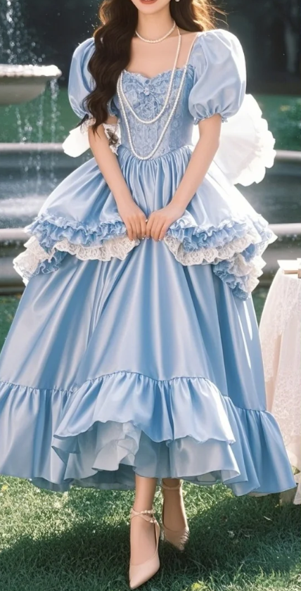 Vintage hellblaues Prinzessinnenkleid mit Puffärmeln, Rüschenlagen und Spitzenbesatz, ideal für Sweet 15, Quinceañera oder andere festliche Anlässe (DP7623)