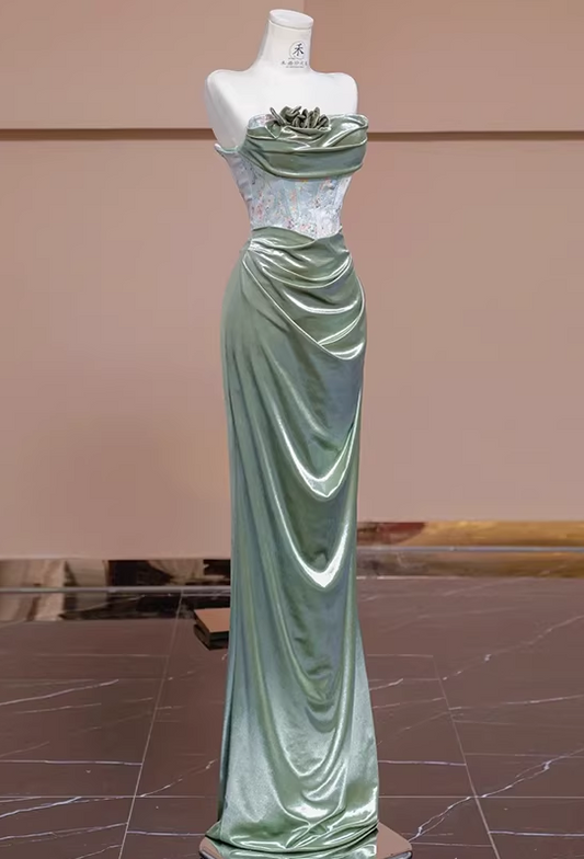 Glamorous Soft Green Satin Strapless Evening Gown Ruched Floral Shimmering Bodice Prom Dress DP7630