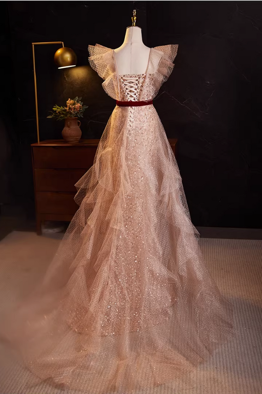 Glamorous Pink Tulle Sequin Ruffled Flutter Sleeves Burgundy Sash Tiered Sparkle Prom Dress DP7631