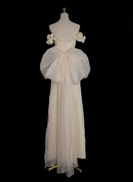 Vintage Ivory Off-the-Shoulder Ruffled Bodice Sheer Ruched Wedding Dress DP7634