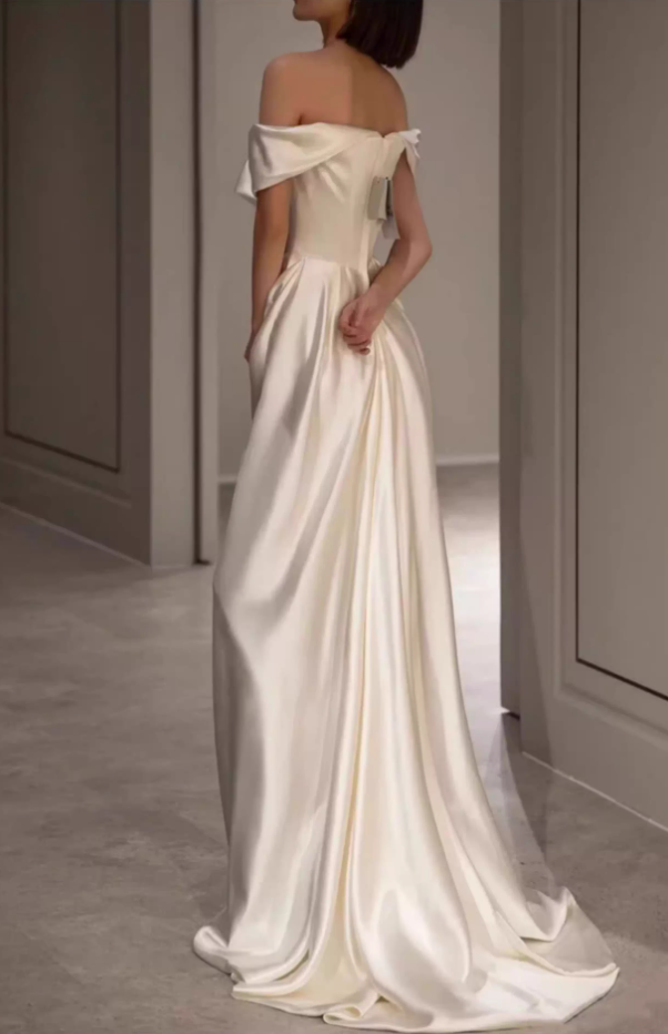 Vintage Cream Satin Off-the-Shoulder Ruched Silhouette with Train Wedding Dress DP7635