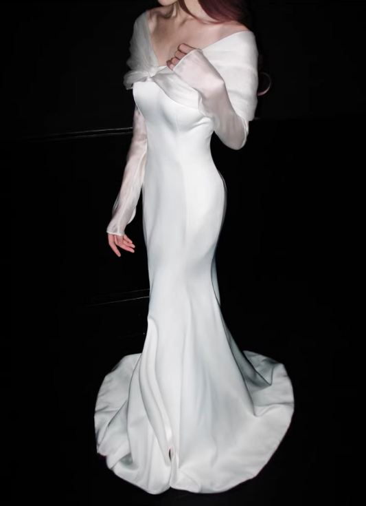Elegant White Satin Mermaid Off-the-Shoulder Tulle Sleeves & Train Wedding Dress DP7667