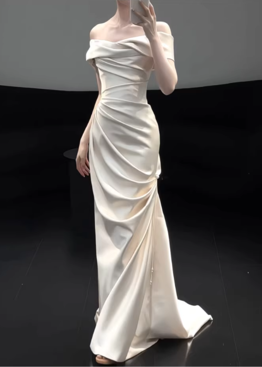 Elegant Cream Satin Off-the-Shoulder Ruched Mermaid Silhouette & Train Wedding Dress DP7668