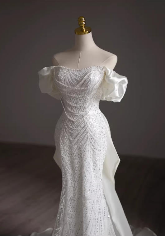 Elegant Ivory Off-the-Shoulder Beaded Bodice Puff Sleeve Mermaid Wedding Dress DP7669