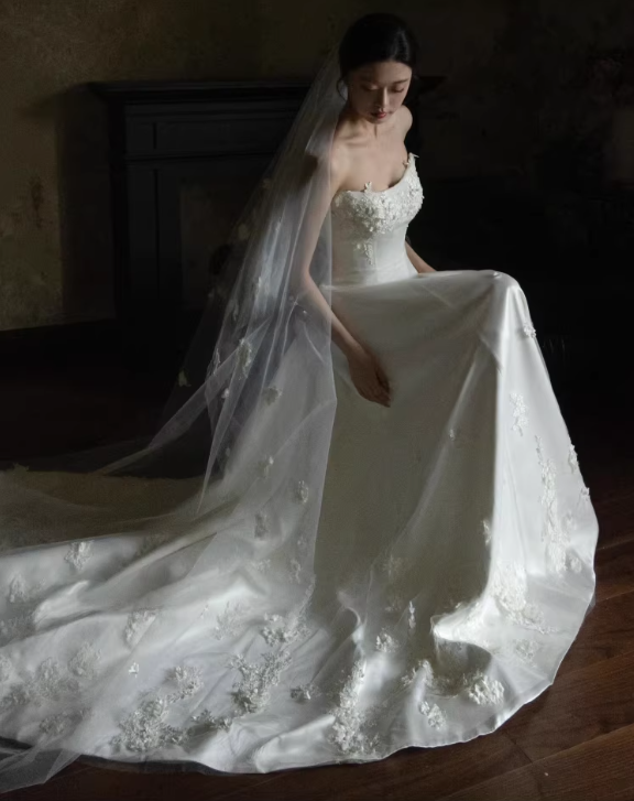 Elegant White Strapless Satin 3D Floral Applique A-Line Train Wedding Dress DP7671