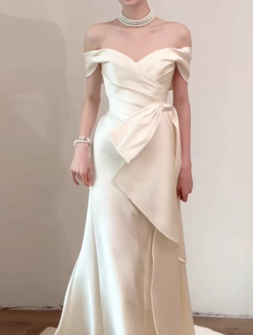 Elegant Cream Off-the-Shoulder Satin Mermaid Wedding Dress DP7674