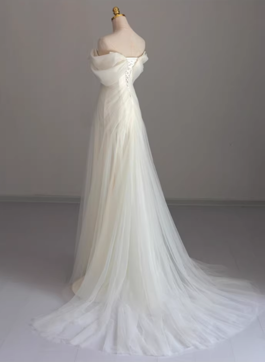 Elegant White Tulle Off-the-Shoulder A-Line Wedding Dress DP7675