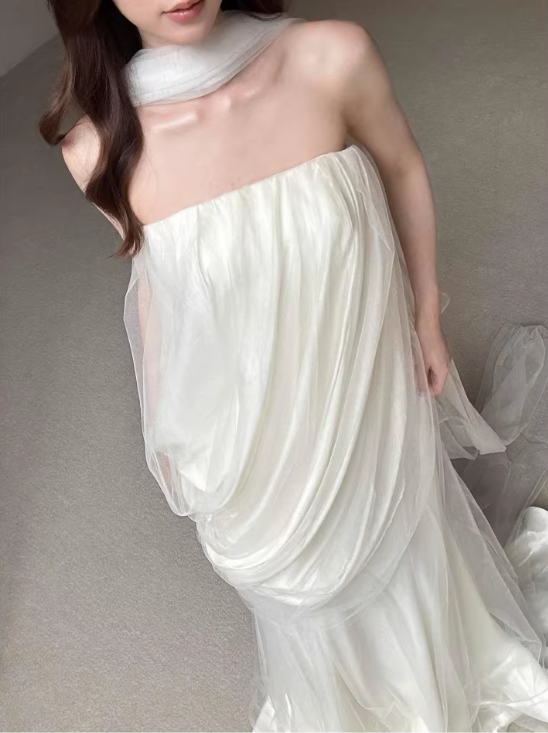 Elegant Ivory Halter Neck Sheer Tulle Ruched Mermaid Wedding Dress DP7677