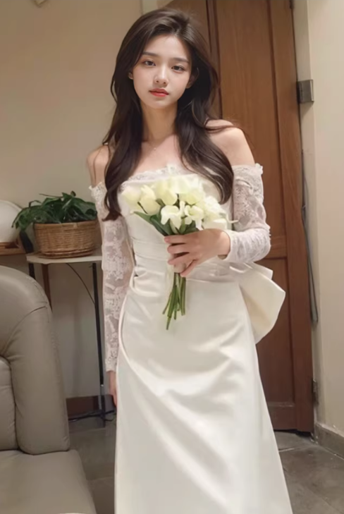 Elegant Ivory Off-the-Shoulder Lace Sleeves Satin Sheath Wedding Dress DP7678