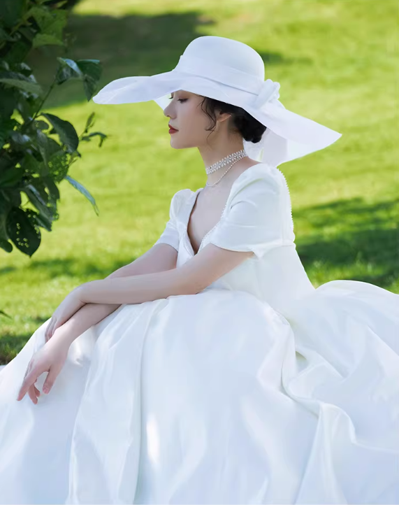 Vintage White Satin Square Neck Short Sleeves A-Line Wedding Dress DP7681