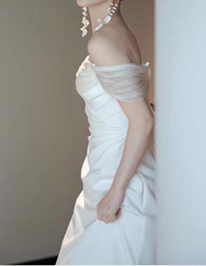 Elegant White Satin Off-the-Shoulder Ruched Mermaid Wedding Dress DP7685