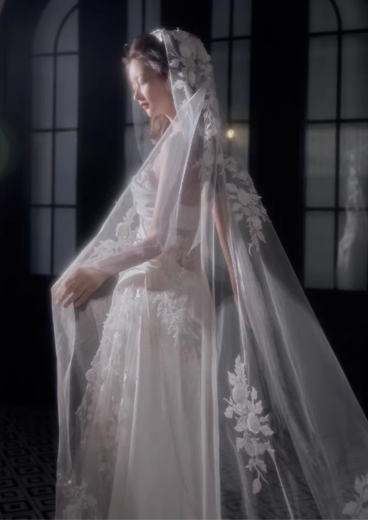 Elegant Satin Strapless Sheath Lace Applique High Slit with Train Wedding Dress DP7688