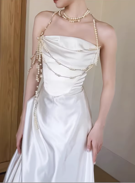 Elegant Ivory Satin Strapless Pearl Chain Embellishments & Train Wedding Dress DP7695