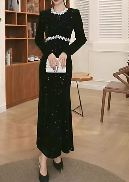 Elegant Black Velvet Sequin Mermaid Gown Long-Sleeve Beaded Prom Dress DP7699