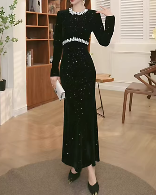 Elegant Black Velvet Sequin Mermaid Gown Long-Sleeve Beaded Prom Dress DP7699
