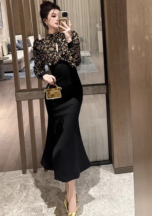 Elegant Black Mermaid Midi Evening Gown Long-Sleeve Gold Sequin Prom Dress DP7703