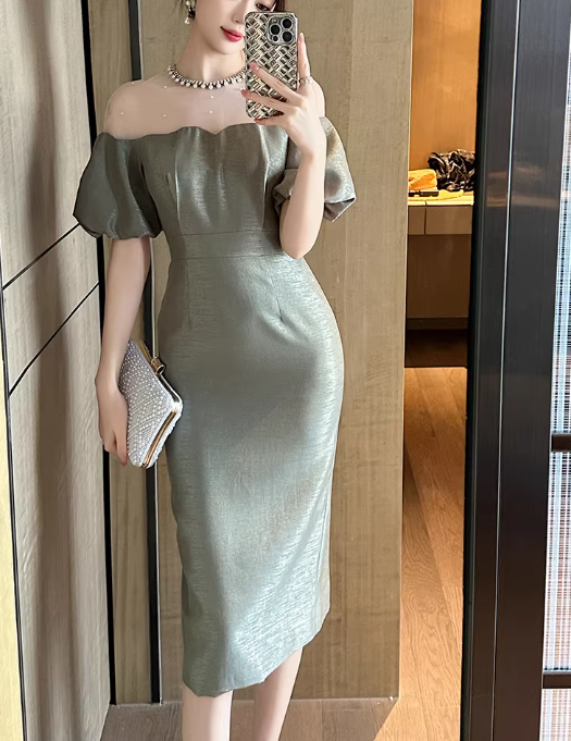 Elegant Off-Shoulder Puff-Sleeve Sheath Midi Satin Prom Dress DP7705