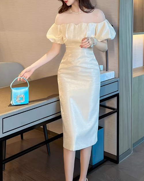 Elegantes schulterfreies Etuikleid mit Puffärmeln, Midi-Länge, aus Satin, DP7705