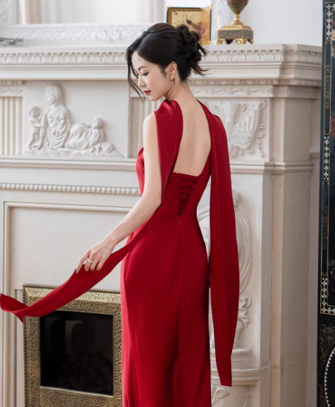 Elegantes, purpurrotes Meerjungfrauen-Abendkleid aus Satin mit One-Shoulder-Ausschnitt DP7712