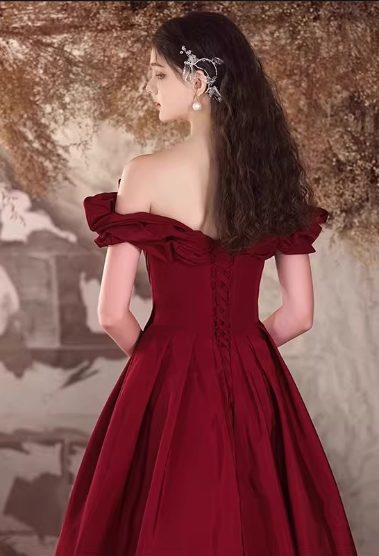 Vintage Burgundy Off-Shoulder Ruffled Sweet 16 Quinceanera Ball Gown DP7715