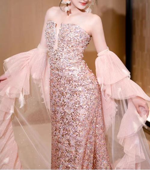 Elegant Pink Sequin Strapless Evening Gown Mermaid Prom Dress DP7717