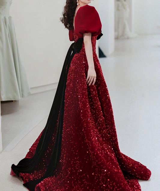 Vintage Crimson Sequin Puff Velvet Sleeves & Black Bow Sweet 16 Quinceanera Ball Gown DP7719