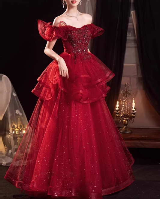 Vintage Crimson Sequin Tulle Off-Shoulder Ruffled Sleeves & Beaded Sweet 16 Quinceanera Ball Gown DP7720