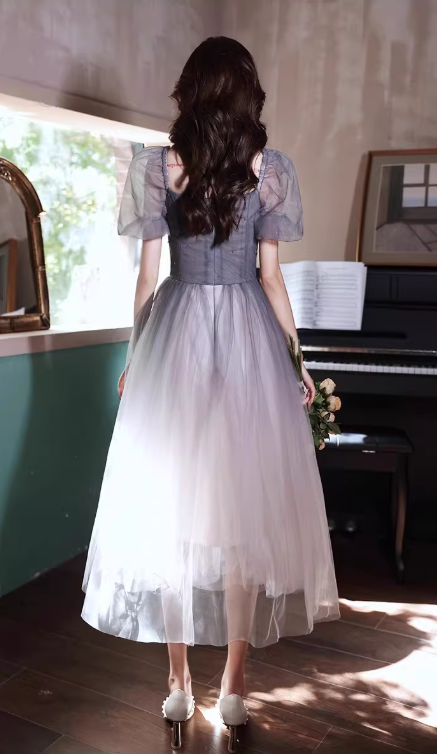 Elegant Ombre Blue-to-Grey Tulle Tea-Length Beaded Bodice Sheer Puff Sleeves Prom Dress DP7722