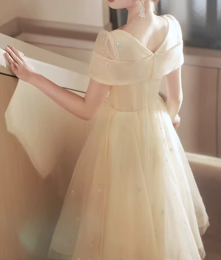 Elegantes champagnerfarbenes Pailletten-Tüllkleid in Teelänge mit eckigem Ausschnitt und perlenbesetztem Oberteil, Ballkleid DP7725