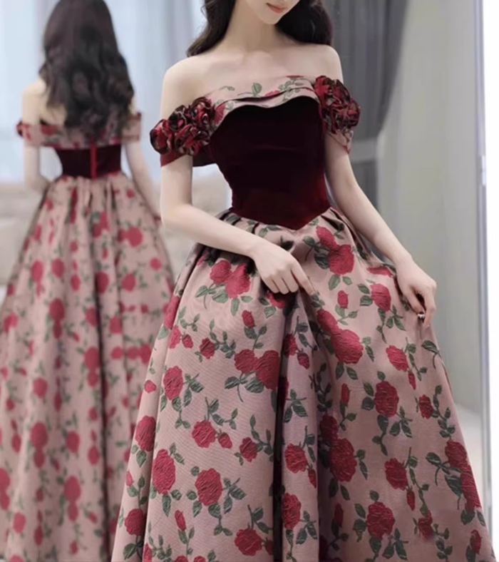 Elegant Burgundy Rose Print Off-Shoulder Velvet Bodice 3D Flower Sweet 16 Quinceanera Ball Gown DP7730