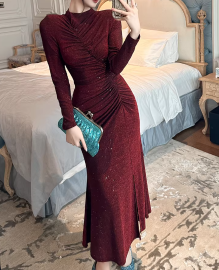 Elegantes burgunderrotes, langärmeliges Meerjungfrauen-Abendkleid mit Pailletten, Ballkleid DP7733