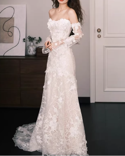 Glamorous Off-the-Shoulder Long-Sleeve Lace A-Line Train Wedding Dress DP7734