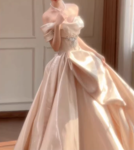 Glamorous Ivory Off-the-Shoulder Satin A-Line Wedding Dress DP7735