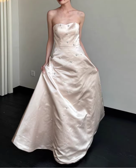 Vintage Blush Satin Strapless Floor-Length Evening Gown Beaded Prom Dress DP7738