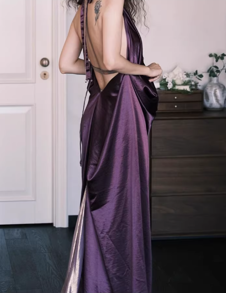 Vintage Purple Satin Evening Gown Halter-Neck Draped Prom Dress DP7741