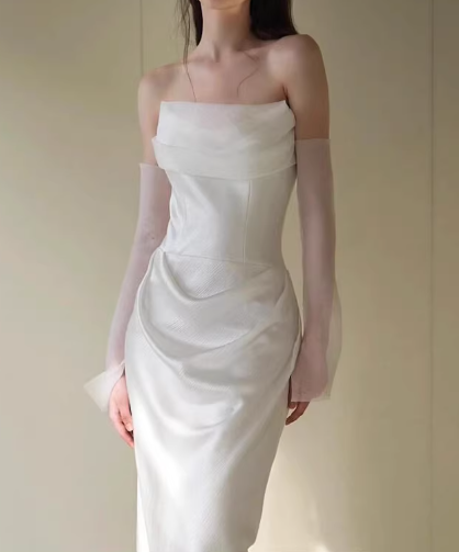 Elegant Ivory Satin Strapless Ruched Tulle Veil Wedding Dress DP7742