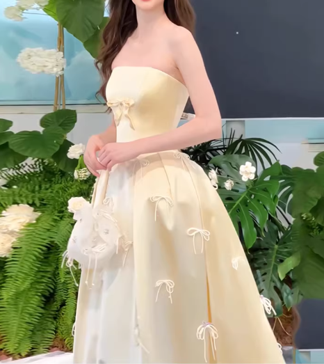 Elegant Pale Yellow Satin Strapless A-Line Bow Embroidery Sweet 16 Quinceanera Ball Gown DP7743