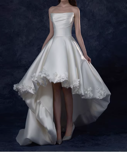 Elegant Ivory Satin 3D Floral Applique Strapless A-Line Wedding Dress DP7745