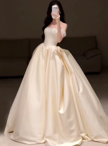 Elegant Champagne Satin Off-the-shoulder A-Line Wedding Dress DP7746