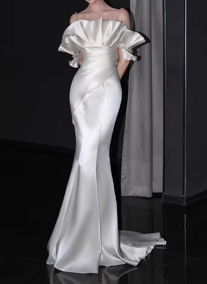 Vintage Ivory Satin Mermaid Off-the-Shoulder Ruffled Wedding Dress DP7751