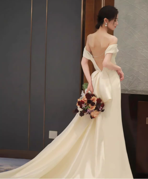 Vintage Champagne Satin Sheath Off-the-Shoulder High Slit Train Wedding Dress DP7754