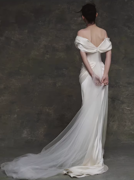 Vintage Ivory Satin Off-the-Shoulder Ruched Pearl Details & Sweep Train Wedding Dress DP7756