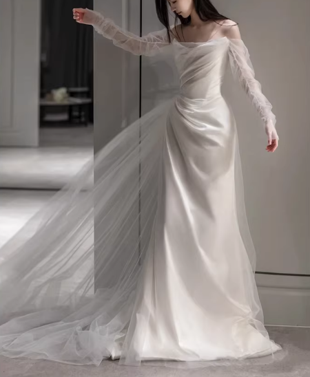 Vintage Ivory Satin Off-the-Shoulder Tulle Puff Sleeves Chapel Train Wedding Dress DP7757