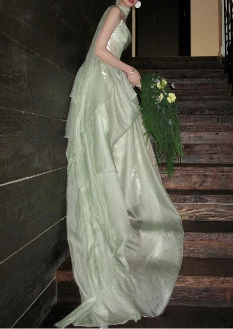 Vintage Pale Mint Green Chiffon Strapless Evening Gown Draped Ruffles Train Prom Dress DP7767