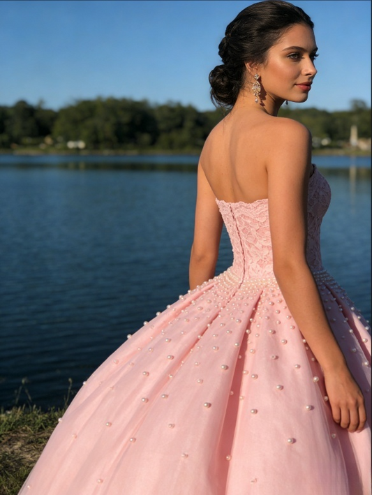 Elegant Pink Strapless Lace Bodice & Pearl-Beaded Tulle Sweet 15 Quinceanera Ball Gown DP7770